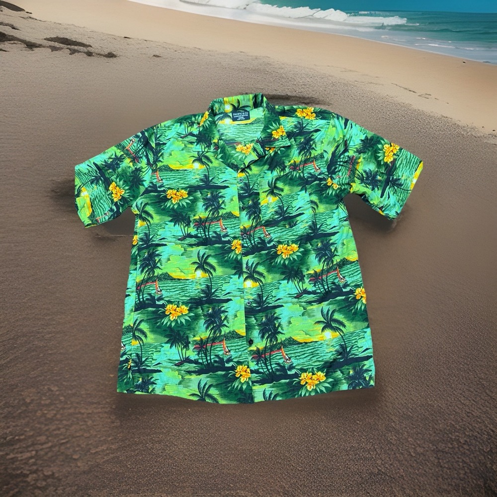 Pacific Co Hawaiian Shirt Green Mens Medium Beach Palm Trees Aloha Floral
